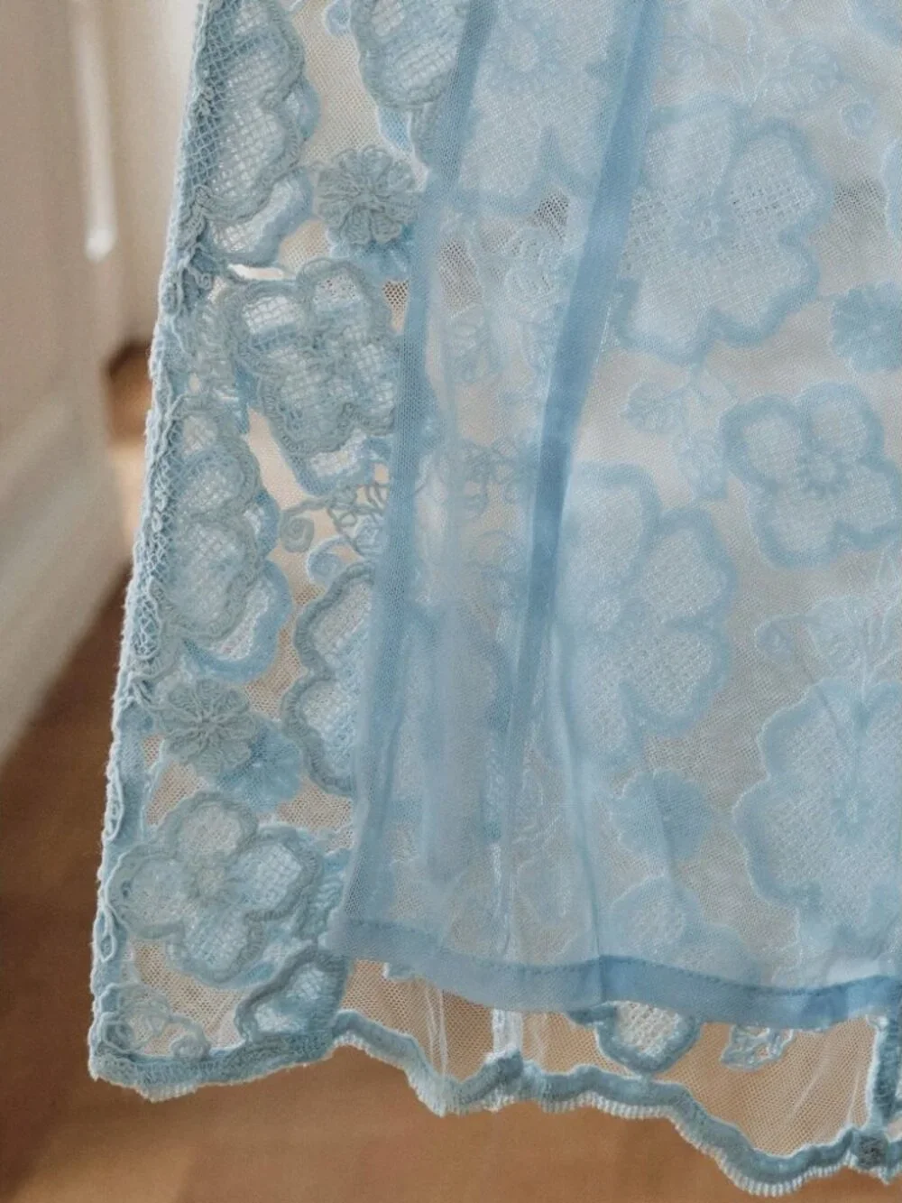 Dusty Blue Sheer Floral Lace Blazer with Notched Lapel